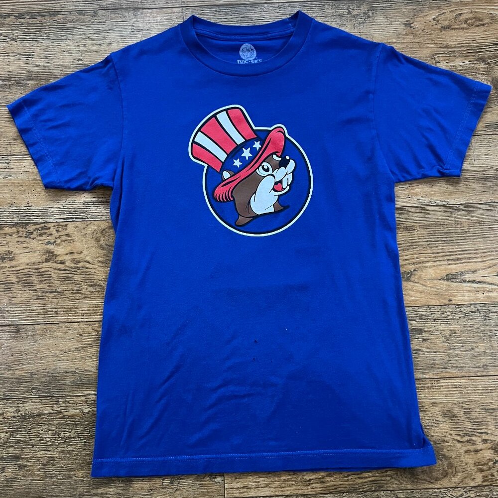 Buc-ee's Sound of Freedom Ringing Motorcycle Uncle Sam Beaver Logo Blue Shirt